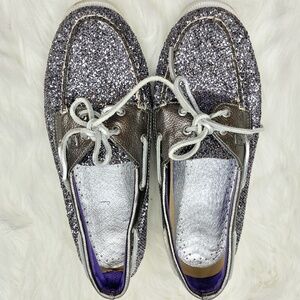 Sperry Top Sider Silver Glitter Boat Shoes Sz 9 M